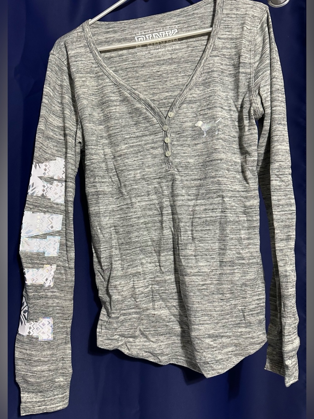 PINK Victoria's Secret Gray Marled Long-Sleeve Henley with Sleeve Graphics